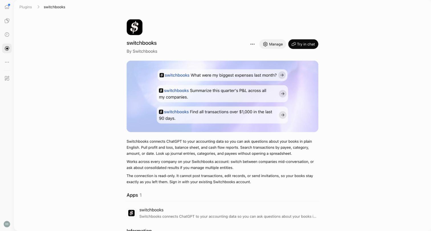 The Switchbooks bookkeeping plugin listing in the ChatGPT plugin directory, with example prompts and the Install plugin button