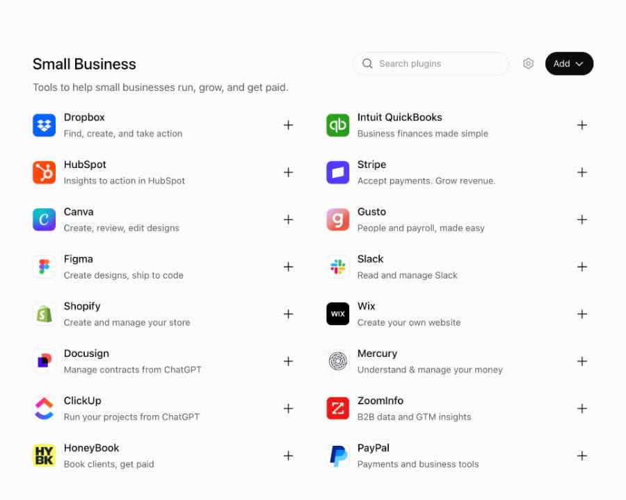 The Small Business section of the ChatGPT plugin directory, with Dropbox, Intuit QuickBooks, HubSpot, Stripe, Canva and Gusto