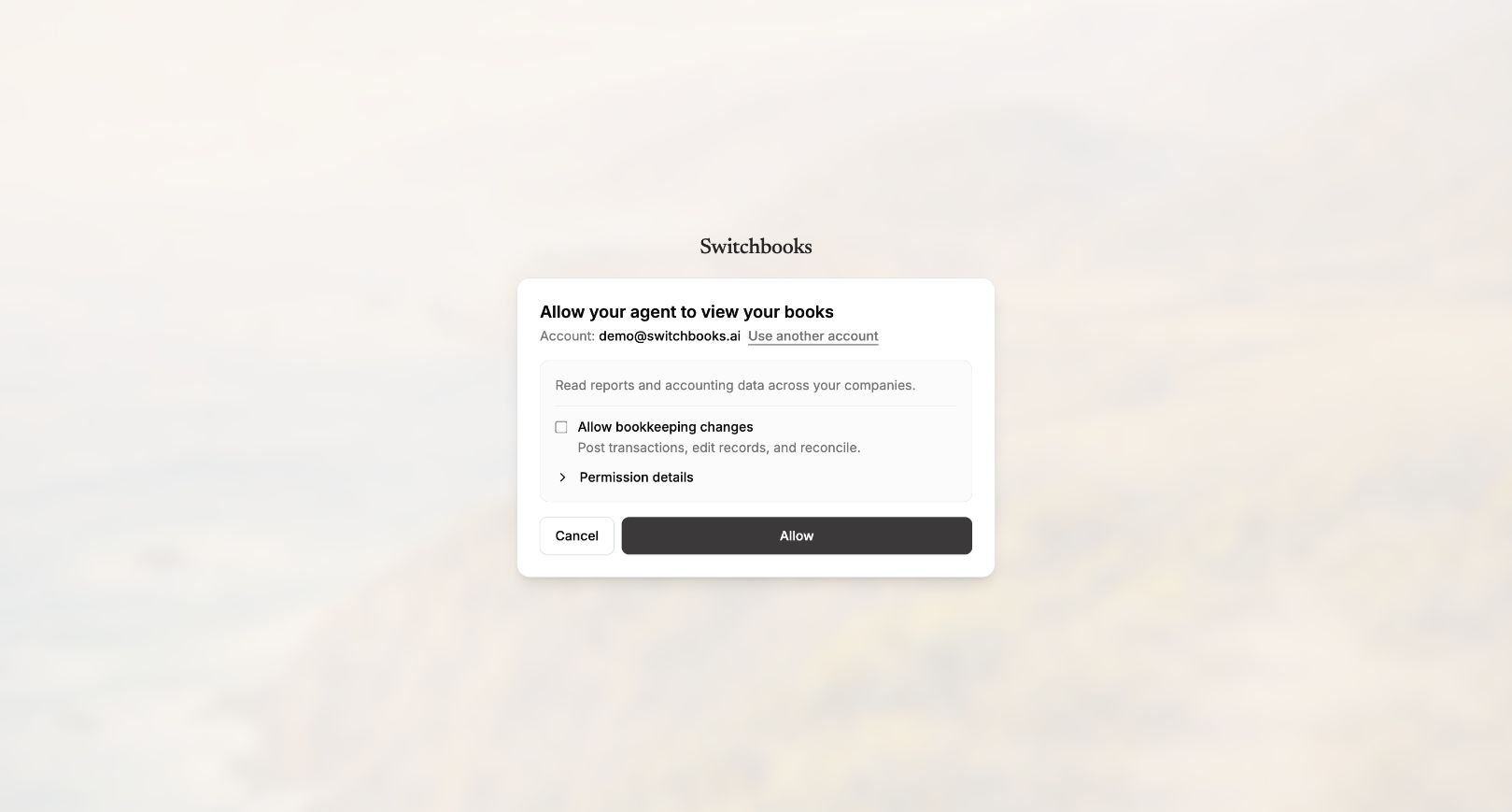 The Switchbooks permission screen when connecting ChatGPT, with the Allow bookkeeping changes box and the Allow button