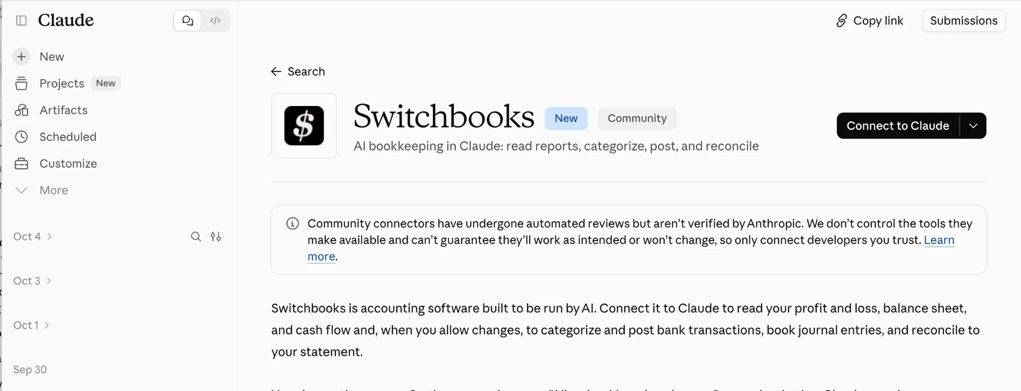 The Switchbooks bookkeeping connector listing in the Claude directory, with the Connect to Claude button