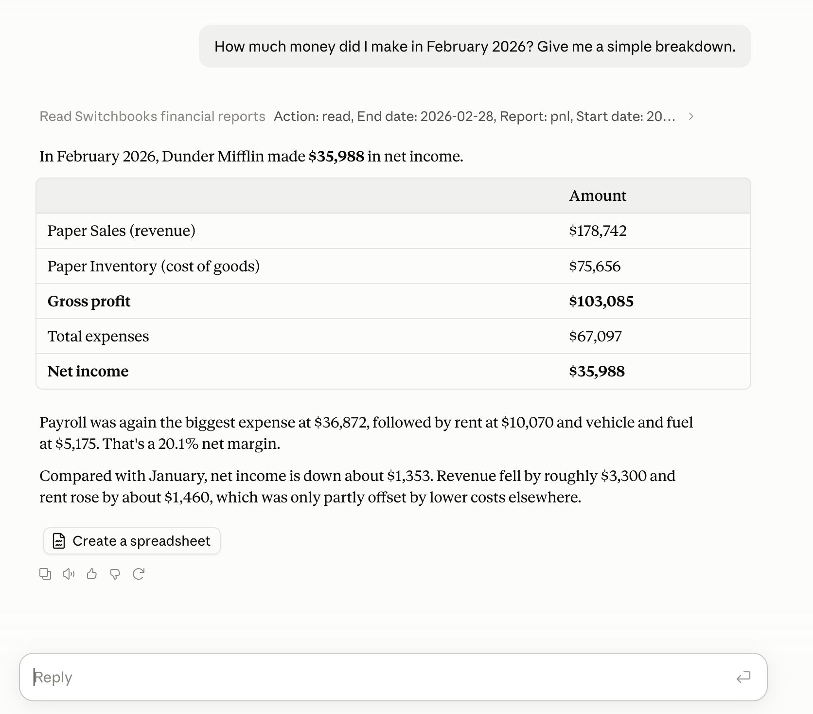 Claude answering how much money the company made in February 2026 from Switchbooks: a profit and loss table with revenue, cost of goods, gross profit, expenses and net income, plus a comparison with January
