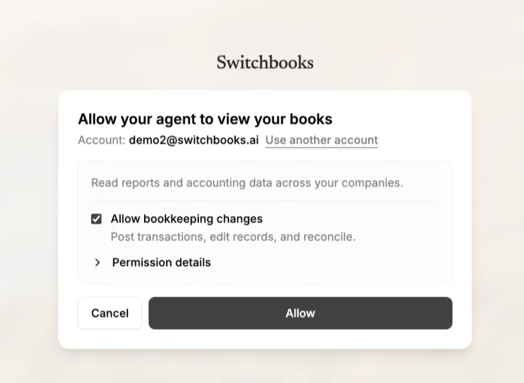 The Switchbooks permission screen when connecting Claude, with the Allow bookkeeping changes checkbox and the Allow button