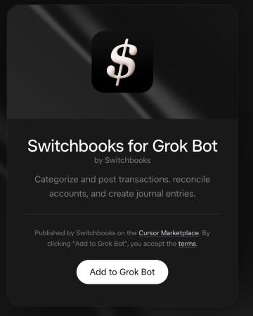 The Switchbooks for Grok Bot listing in the Grok Bot marketplace, with the Add to Grok Bot button